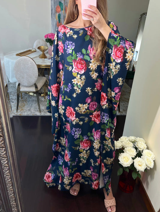 Floral Print Long Sleeve Maxi Kaftan - Kaftans & Kimono